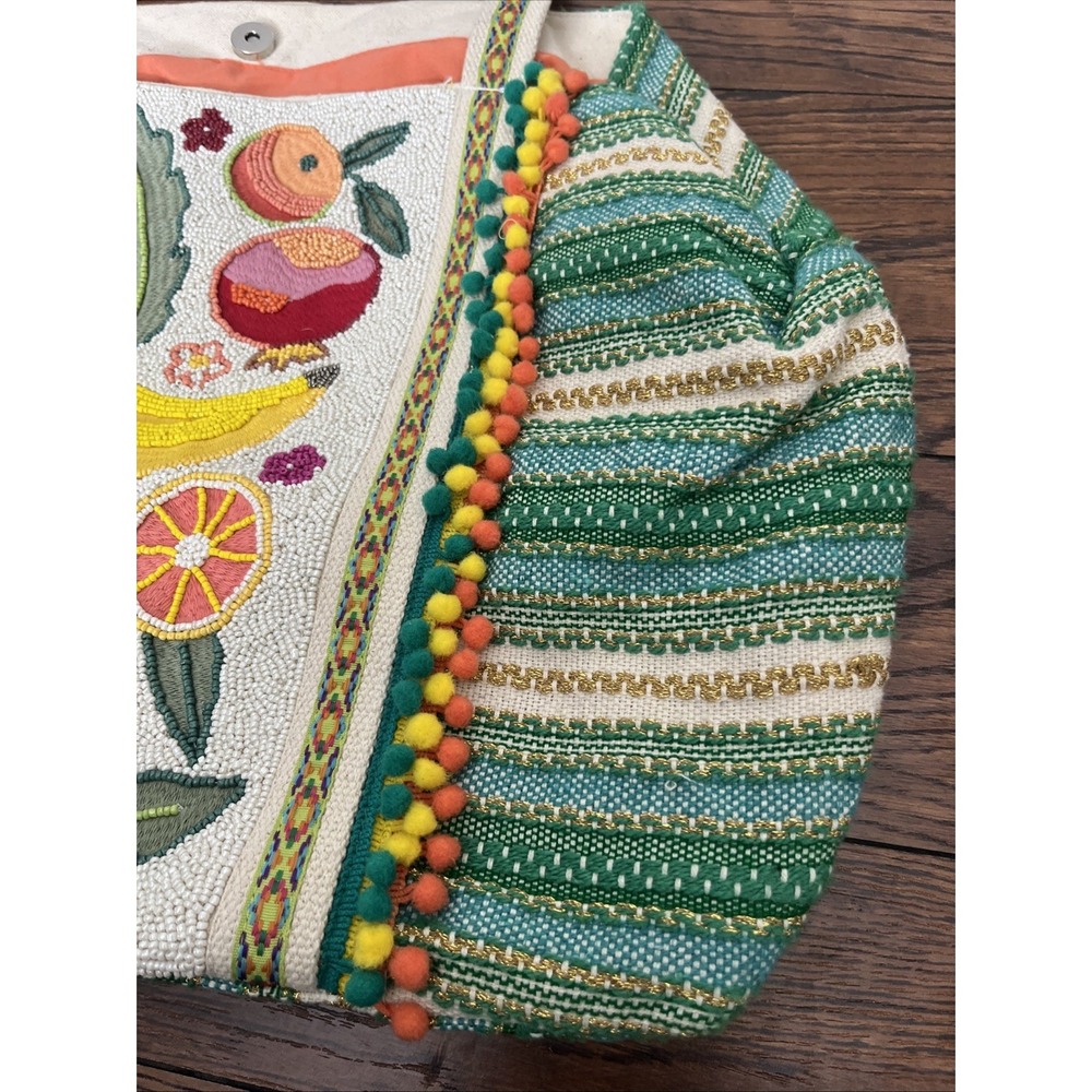 A&B EXPRESS Green Gold Striped Puff Balls BEADED FRUIT LARGE TOTE BAG NWT - Picture 3 of 8